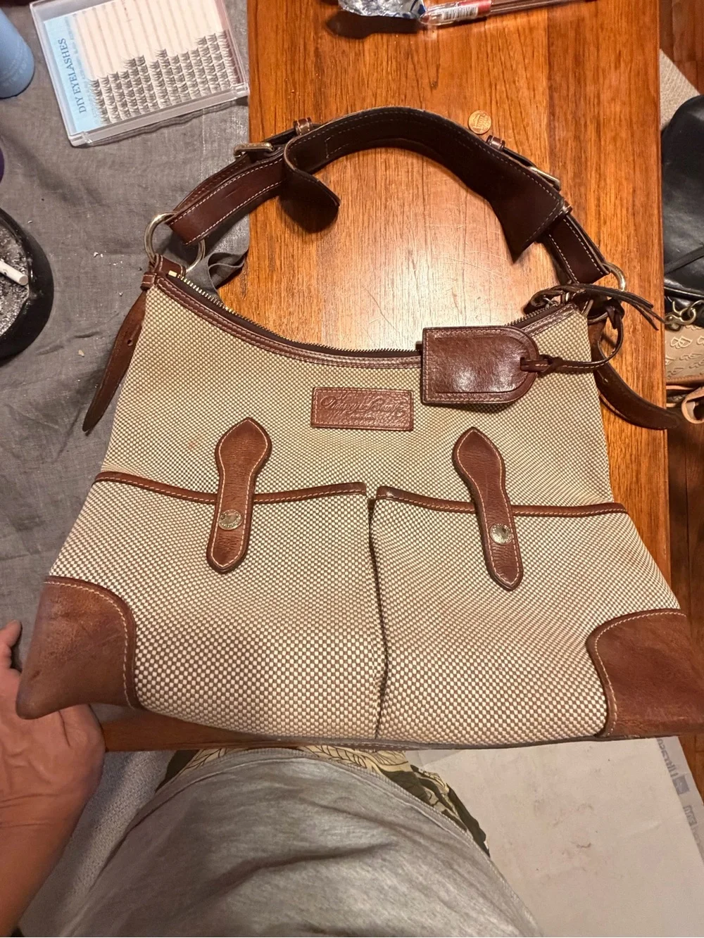 Dooney & Bourke Beige Canvas Shoulder Bag with Brown Leather Trim